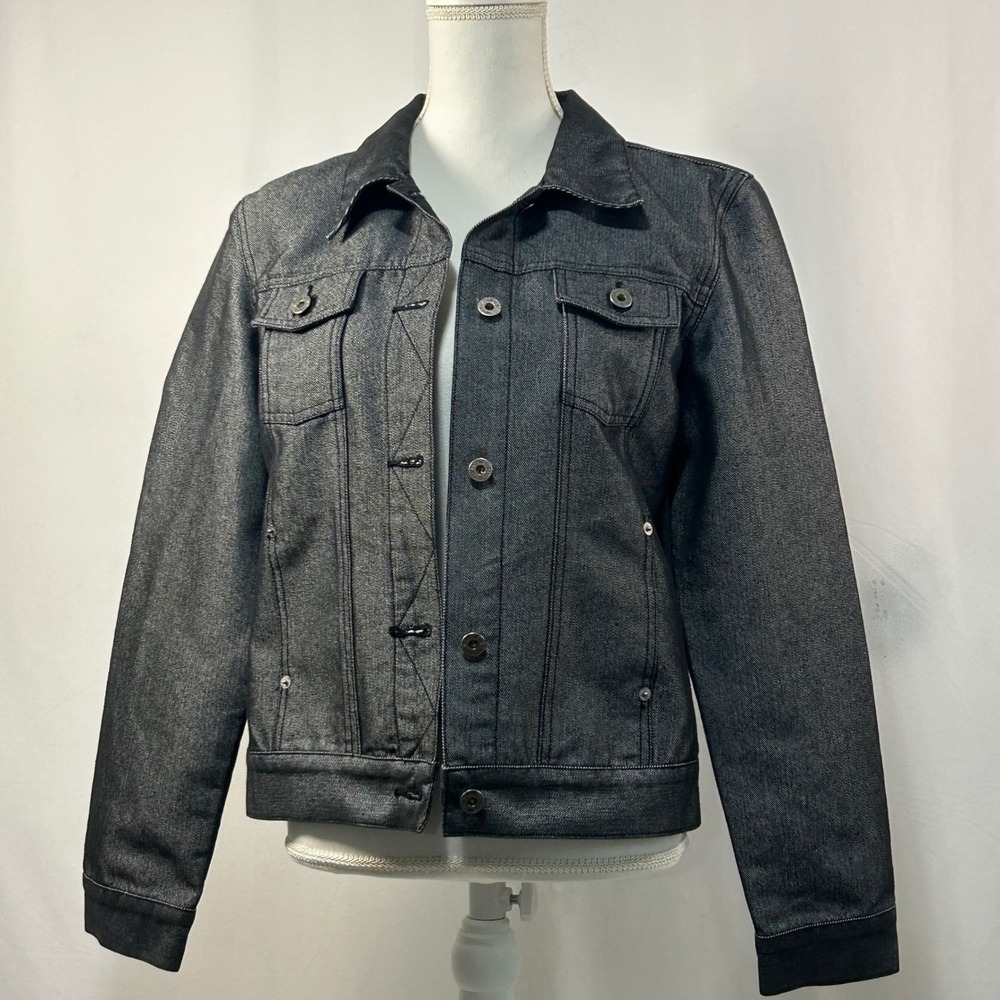 Guess Jeans Metallic Denim Jacket Black Silver Sparkle Y2K Moto Style Large